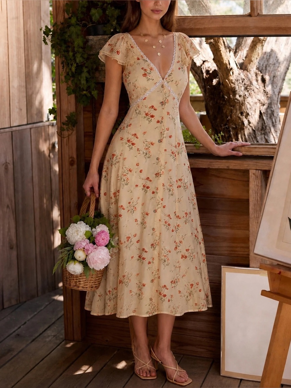 Rihoas Yellow Butterfly Sleeve Tie Floral Midi Dress